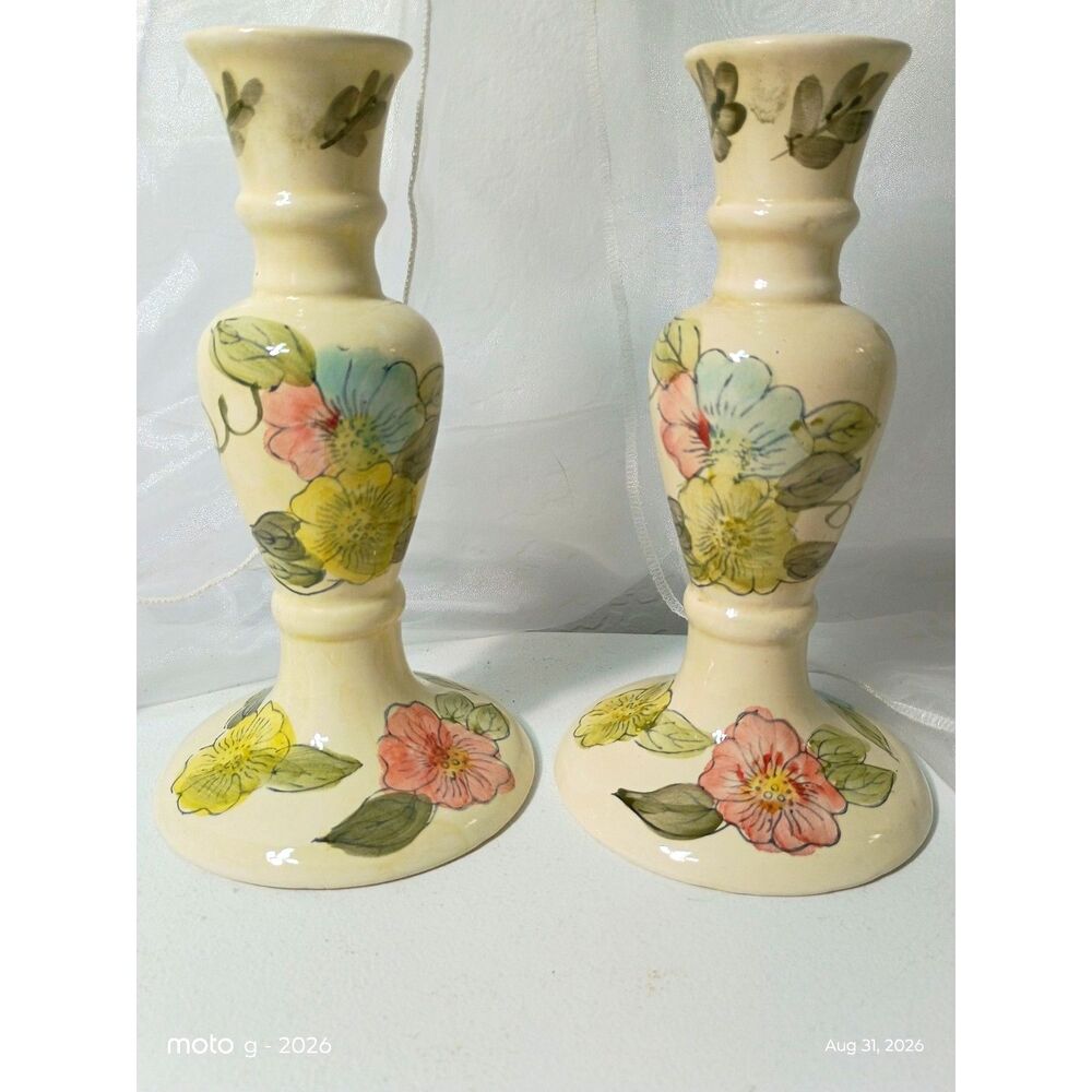 Vintage Hand Painted Floral Ceramic Taper Candle Holders Set Pair Yellow Roses